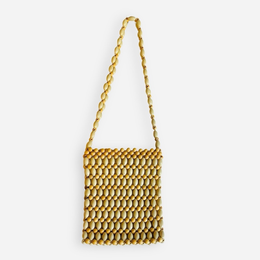 Vintage Walborg Hand Beaded Beige Tan Shoulder Bag Purse Japan 60s Ball Plastic